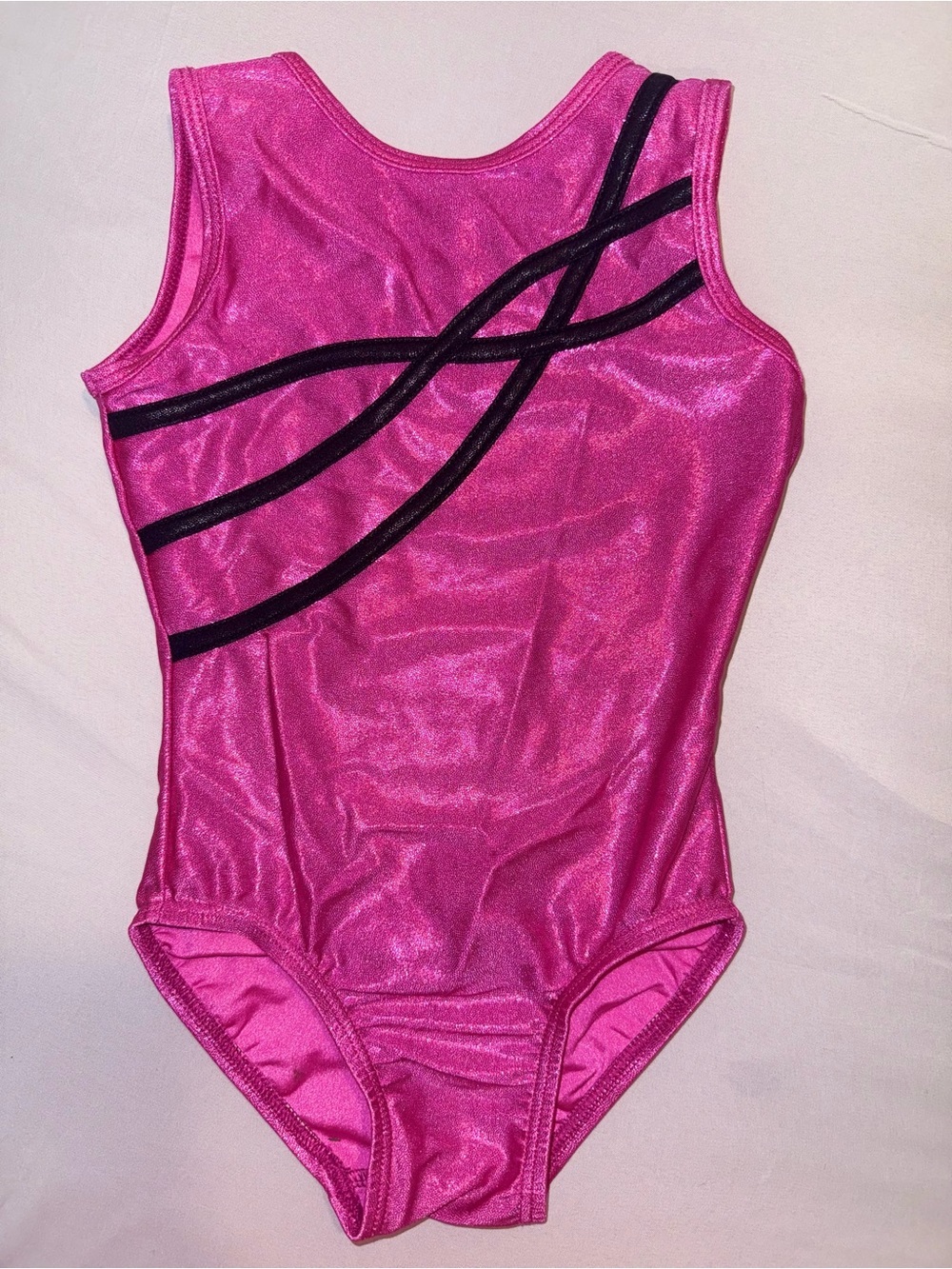 Little Girls Shiny Pink Gymnastics one piece Leotard with Black Detail size XS